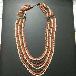 Cream Orange Brown Twisted Seed Bead Layered Multi Strand Statement Necklace